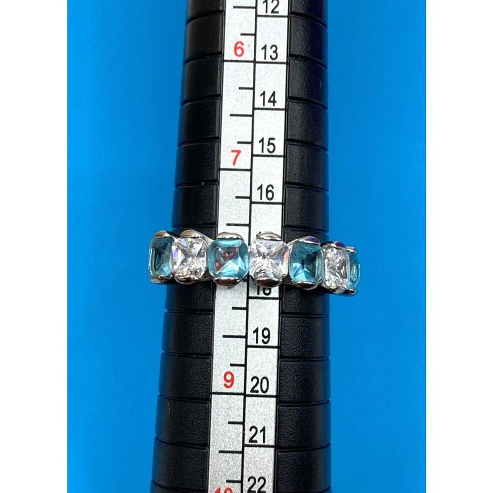 Alternating Blue Clear Silver Overlay Ring Made with SWAROVSKI Elements Sz 8*